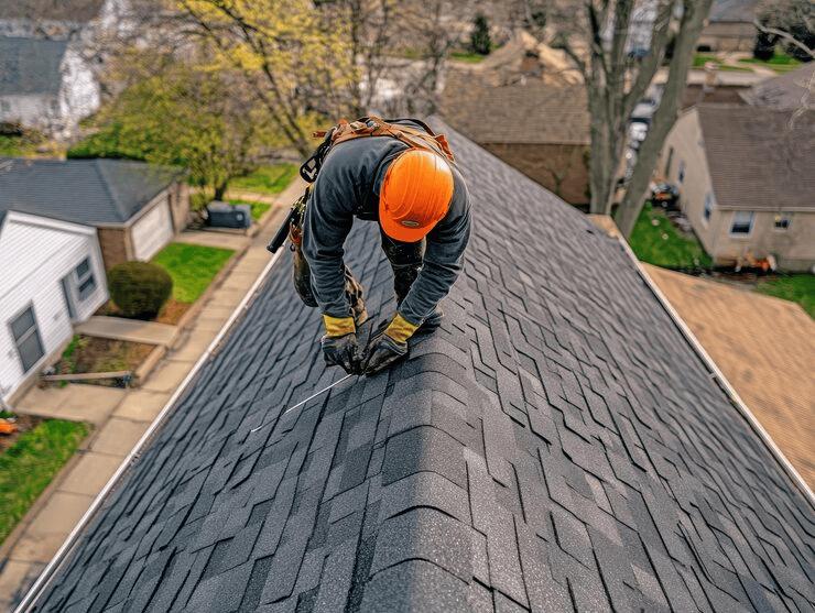 Roofer in an orange hard hat working along the ridge of a newly installed shingle roof